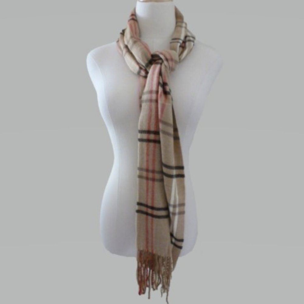 Cejon Tan Plaid Scarf with Fringe